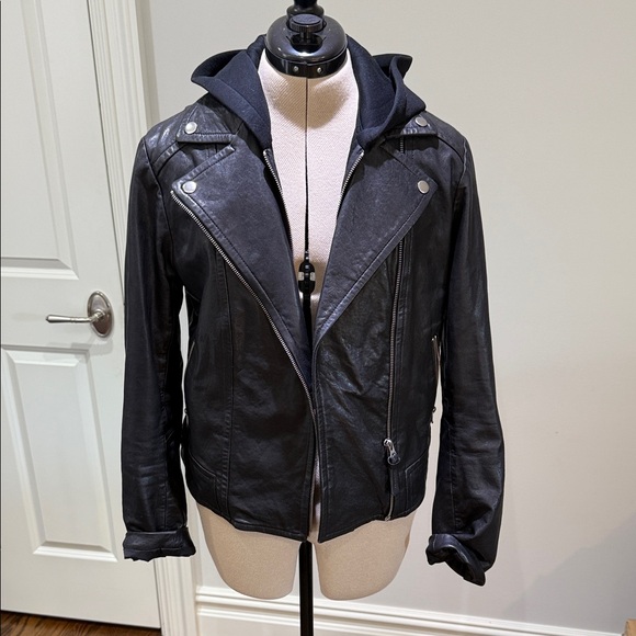 Women's Mackage Yoana Classic Moto Leather Jacket With Removable Hood In Black - Picture 1 of 9
